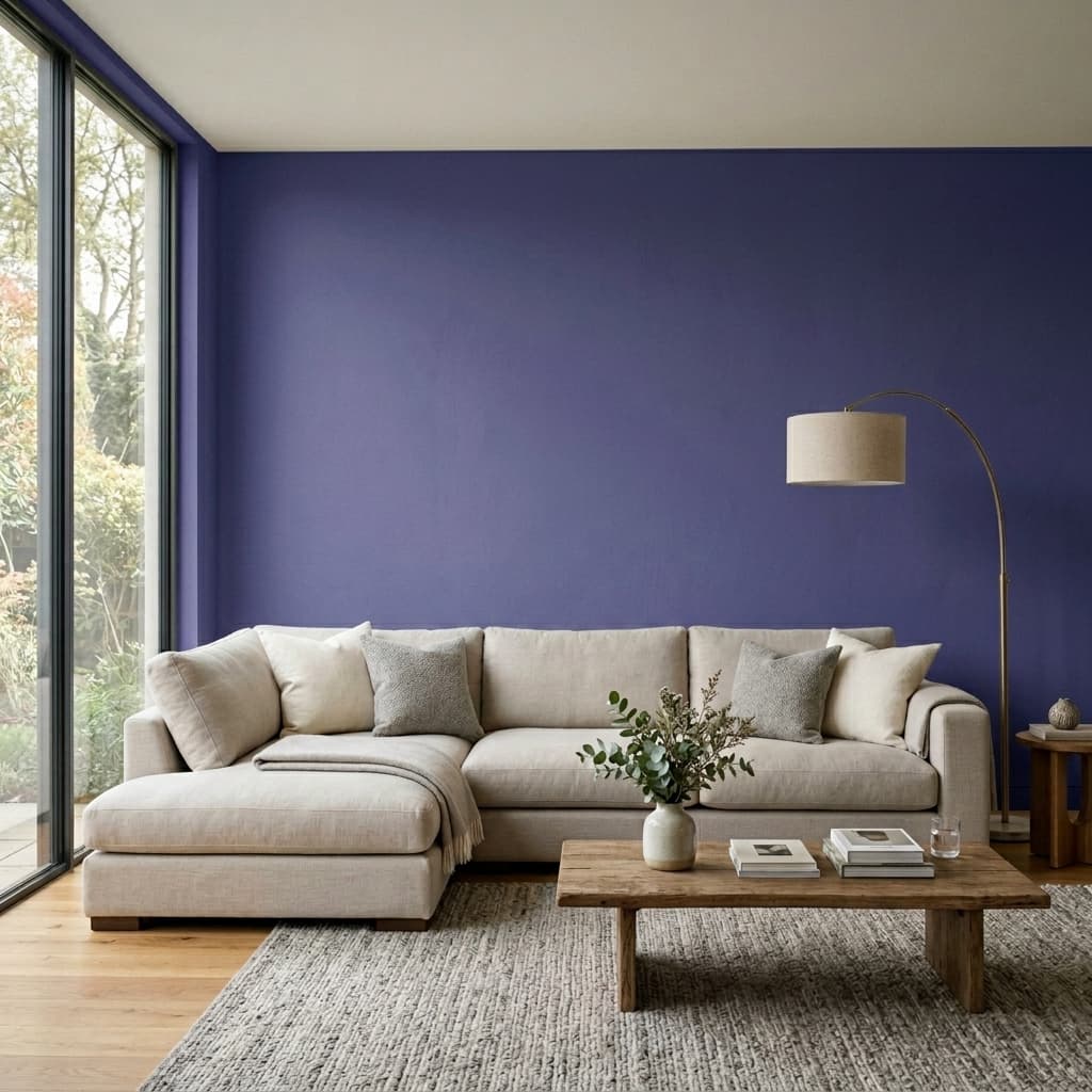 Luxurious modern living room with blue violet walls