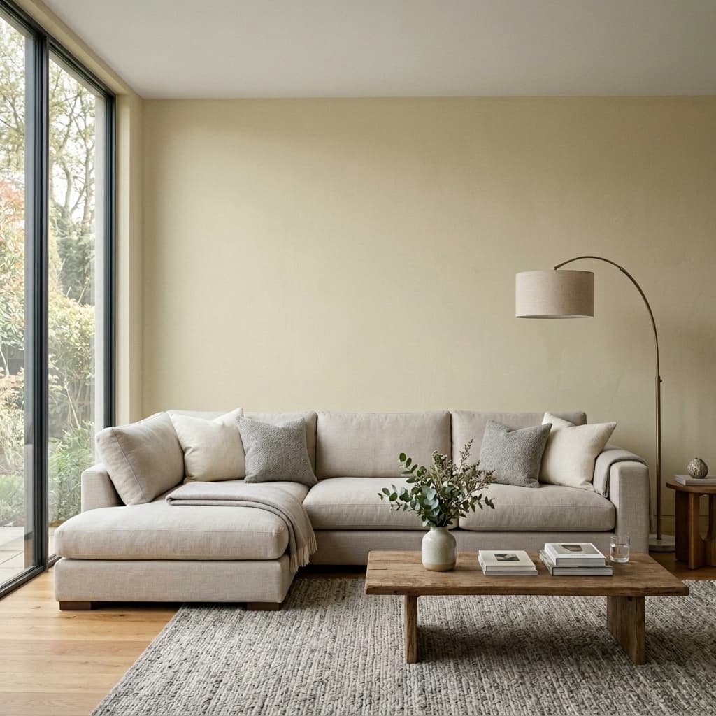 Luxurious modern living room with muted sand walls