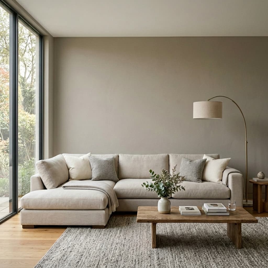 Luxurious modern living room with taupe walls